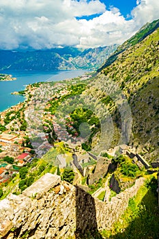 Panorama of Kotor bay and Old Medieval fortifications ruins Montenegro