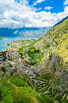 Panorama of Kotor bay and Old Medieval fortifications zigzag path Montenegro