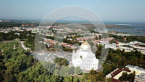 Panorama of Kronstadt, Russia, Top view drone from Yakornaya Square onThe Naval cathedral of Saint Nicholas in Kronstadt