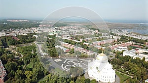 Panorama of Kronstadt, Russia, Top view drone from Yakornaya Square onThe Naval cathedral of Saint Nicholas in Kronstadt is a Russ