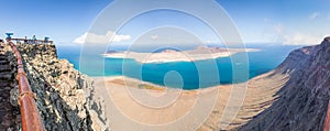 Panorama of La Graciosa island, aerial view from Mirador del Rio in Lanzarote, Canary islands Spain