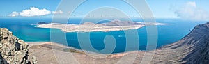 Panorama of La Graciosa island, aerial view from Mirador del Rio in Lanzarote, Canary islands Spain