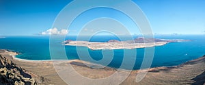 Panorama of La Graciosa island, aerial view from Mirador del Rio in Lanzarote, Canary islands Spain photo