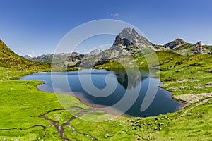 Panorama lacs d`Auyous and Pic d`Ossau in the French Pyrenees