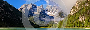 Panorama of Lago di Landro Lake in the Dolomites, Italy, Europe photo