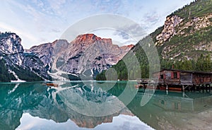 Panorama of Lake Braies with the Dolomites