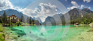 Panorama of Lake dobbiaco, Dolomites mountain