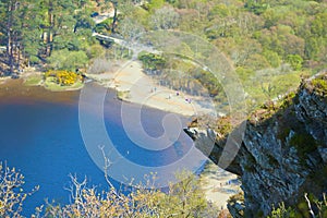 Panorama of Lake Lough Tay or The Guinness Lake. County Wicklow, Wicklow Mountains National Park, Ireland.