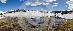 Panorama of lake lower Praetschsee near Arosa in spring