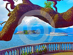 Panorama of Lake Maggiore and island Isola Bella with Alps mountains in background, Piedmont, Italy