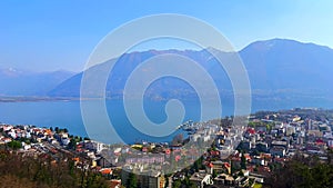 Panorama of Lake Maggiore and Locarno roofs from Orselina, Ticino, Switzerland