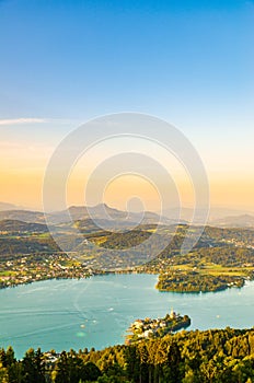 Panorama Lake and mountains at Worthersee Karnten Austria tourist spot