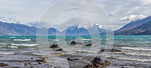 Panorama of Lake Ohau in New Zealand