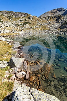 Panorama of Lake and reflection of Preokorets Popova Kapa peak, Rila Mountain