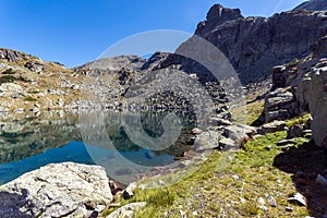 Panorama of Lake and reflection of Preokorets Popova Kapa peak, Rila Mountain