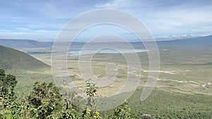 Panorama of the lake in the volcanic crater of the Ngorongoro National Park. Beautiful nature photo