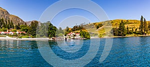 Panorama Lake Wakatipu and Southern Alps mountain range, Ka Tiritiri o te Moana, at Walter Peak Otago, New Zealand