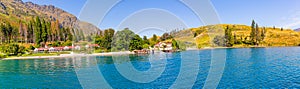 Panorama Lake Wakatipu and Southern Alps mountain range, Ka Tiritiri o te Moana, at Walter Peak Otago, New Zealand