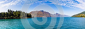 Panorama Lake Wakatipu and Southern Alps near Queenstown, Otago New Zealand