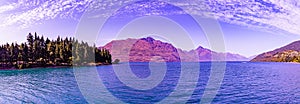 Panorama of lake Wakatipu and Southern Alps in Queenstown Otago New Zealand