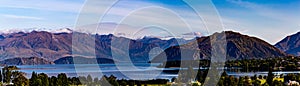 Panorama Lake Wanaka with backdrop of the Southern Alps , in Wanaka, Otago, South Island, New Zealand