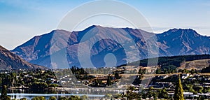 Panorama Lake Wanaka with backdrop of the Southern Alps , in Wanaka, Otago, South Island, New Zealand