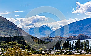 Panorama Lake Wanaka and the Southern Alps, landscape in Wanaka, Otago, South Island, New Zealand