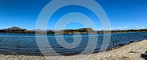 Panorama Lake Wanaka and the Southern Alps, with surrounding landscape in Wanaka, Otago, South Island, New Zealand