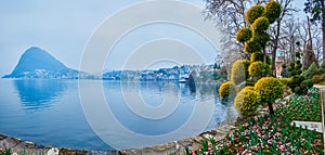 Panorama of lakeside Parco Ciani with scenic flowerbed, Lugano, Switzerland photo