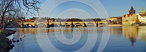 Panorama. Landmark attraction landscape in Prague: Charles Bridge - Karluv most. Vltava river - Czech Republic