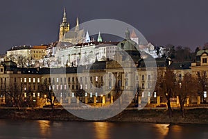 Panorama. Landmark attraction landscape in Prague: Prague Castle, Catholic Saint Vitus Cathedral and Vltava River - Czech Republic