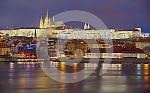 Panorama. Landmark attraction landscape in Prague: Prague Castle, Catholic Saint Vitus Cathedral and Vltava River - Czech Republic