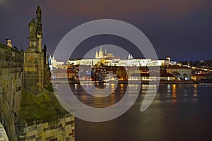 Panorama. Landmark attraction landscape in Prague: Prague Castle, Catholic Saint Vitus Cathedral and Vltava River - Czech Republic