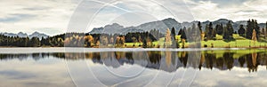 Panorama landscape in Bavaria, Germany, with alps mountains mirroring in lake