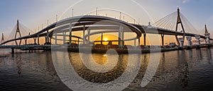 Panorama landscape of Bhumibol Bridge is a large and modern-looking bridge that is an important landmark of Bangkok