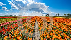 Panorama of landscape with blooming colorful tulip field, traditional dutch windmill and blue cloudy sky in Netherlands Holland ,