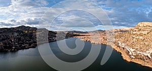 Panorama landscape of the Elche Reservoir lake in Alicante Province in warm evening light