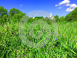 panorama landscape among green fields on a summer day with stunning white clouds and blue sky, day or dawn in a spring