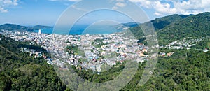 Panorama landscape nature view from Drone aerial view of patong bay in phuket thailand Amazing High angle view phuket Island