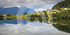 Panorama landscape of Nordic village in Norwegian fjord