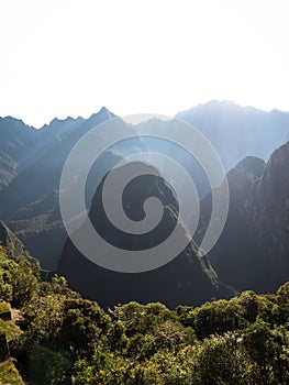 Panorama landscape of Putucusi Phutuq Kusi mountain at Machu Picchu Aguas Calientes Urubamba river valley Cuzco Peru photo