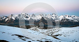 Panorama of Landscape shot from Ryten towards fredvang and ramberg in Lofoten