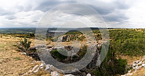 Panorama landscape view of Cheddar Gorge in the Mendip Hills near Cheddar in Somerset