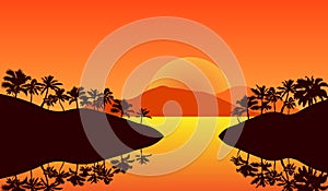 Panorama landscape of yellow color Silhouette palm tree on beach in flat icon design under sunset sky background