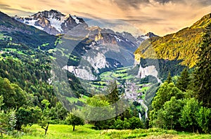 View of the Lauterbrunnen valley in Swiss Alps photo