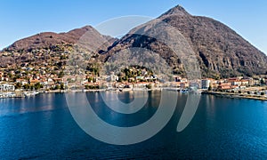 Panorama of Laveno Mombello on the coast of lake Maggiore, Italy