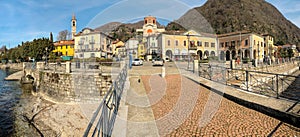 Panorama of Laveno Mombello town, situated on the shore of Lake Maggiore in province of Varese, Italy