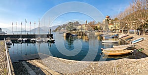 Panorama of Laveno Mombello town, situated on the shore of Lake Maggiore in province of Varese, Italy