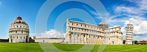 Panorama of the leaning tower of Pisa with the cathedral Duomo and the baptistry in Pisa, Tuscany Italy