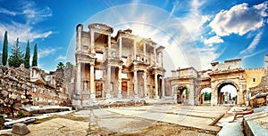 Panorama of the Library of Celsus in Ephesus in the afternoon photo